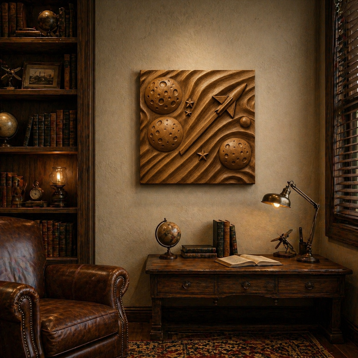 A cozy study with a leather chair, wooden desk, bookshelves, and a lamp features Form Arcade’s Rocket Planet Relief STL File | Space CNC Wall Art—a space-themed woodworking piece with planets, stars, and a spaceship for a classic yet cosmic touch.