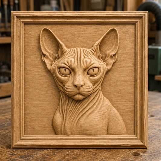 Showcased on a wooden workbench, the Sphynx Cat Portrait Relief by Form Arcade is presented in a square frame, highlighting the cat’s distinctive wrinkled skin and large ears. This detailed CNC wall art is available as an STL file for carving.