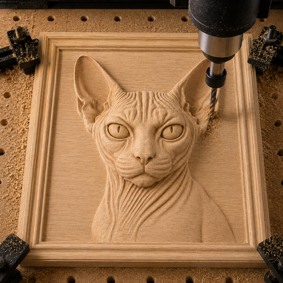 Form Arcade’s “Sphynx Cat Portrait Relief STL File | CNC Wall Art” is showcased as a CNC machine carves an intricate Sphynx cat portrait into a wooden panel, with wood dust and clamps scattered across the worktable.