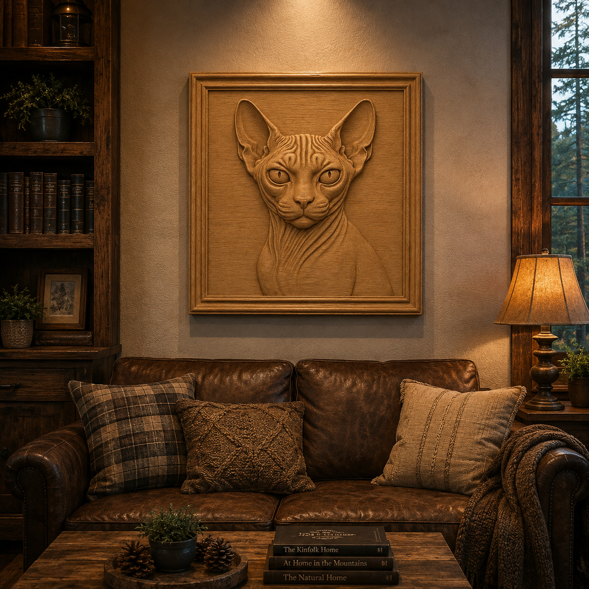 A cozy living room featuring a brown leather couch adorned with plaid and knit pillows, and a large framed Sphynx Cat Portrait Relief by Form Arcade displayed above. Warm lighting and shelves filled with books enhance the inviting atmosphere.