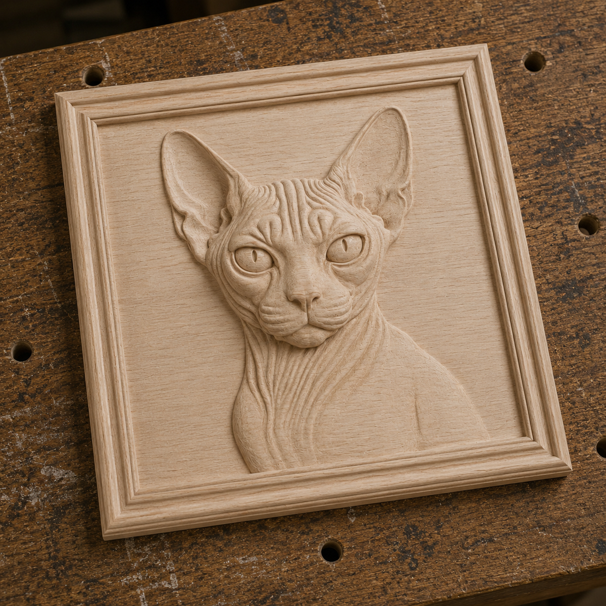 The Sphynx Cat Portrait Relief STL File by Form Arcade is a detailed CNC wall art design featuring a Sphynx cat’s head and chest with large ears, framed in a square border. Perfect for unique décor or as a gift for cat lovers.