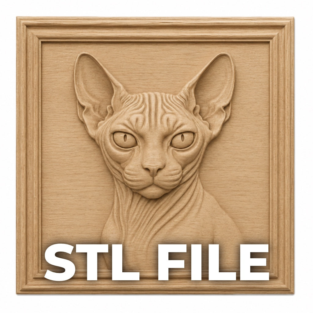 The Sphynx Cat Portrait Relief STL File by Form Arcade is a detailed CNC wall art design—ideal for relief carving or unique woodworking projects featuring a square-framed Sphynx cat.