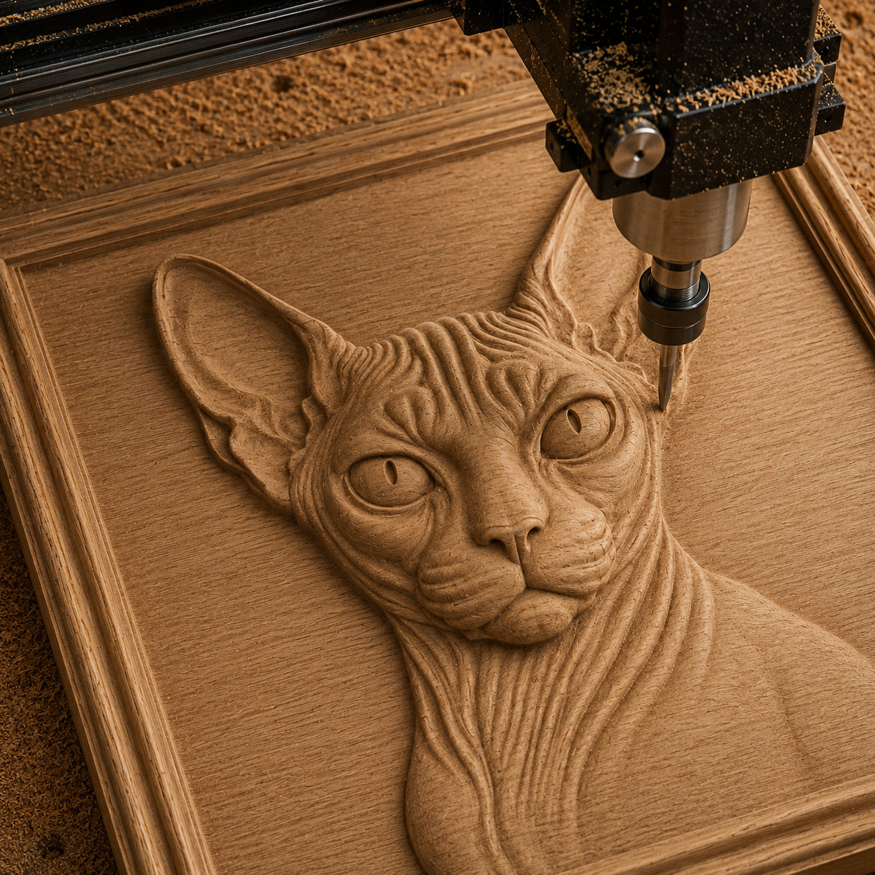 The Sphynx Cat Portrait Relief STL File by Form Arcade is a detailed 3D CNC wall art design, showcasing the cat’s unique features—ideal for adding standout character to your woodworking or digital art collection.