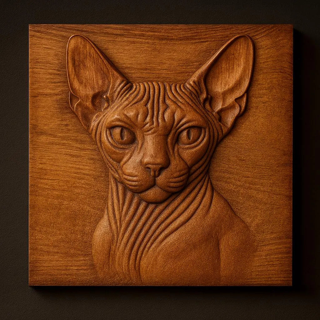 The Sphynx Cat Portrait Relief STL File by Form Arcade features a CNC-carved cat with large ears, striking facial details, and unique skin folds centered on a square plaque, perfect as distinctive wall art.
