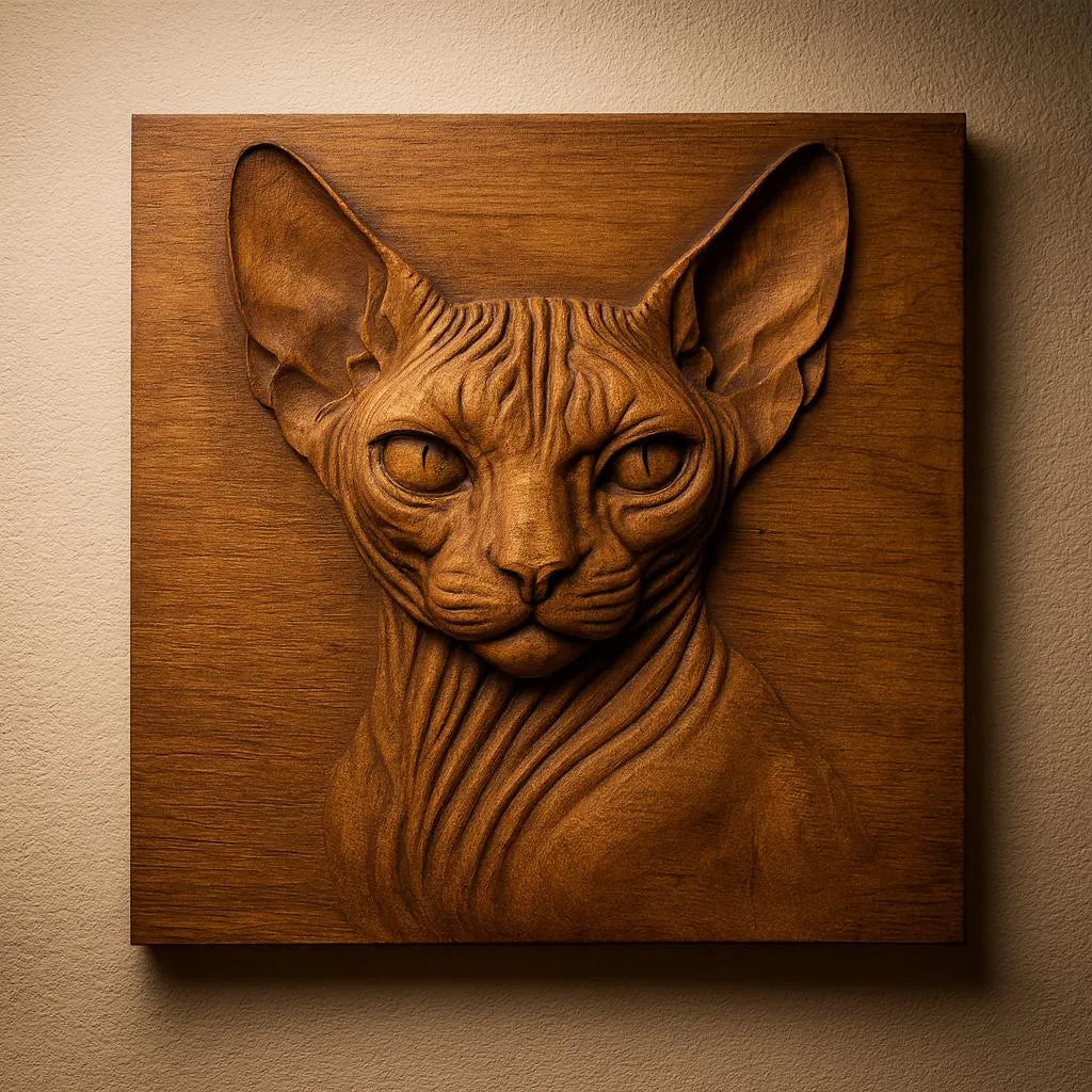 The Sphynx Cat Portrait Relief STL File by Form Arcade is a detailed CNC wall art design, featuring intricate textures and lifelike expression, ideal for mounting on a square panel and highlighting with warm lighting.