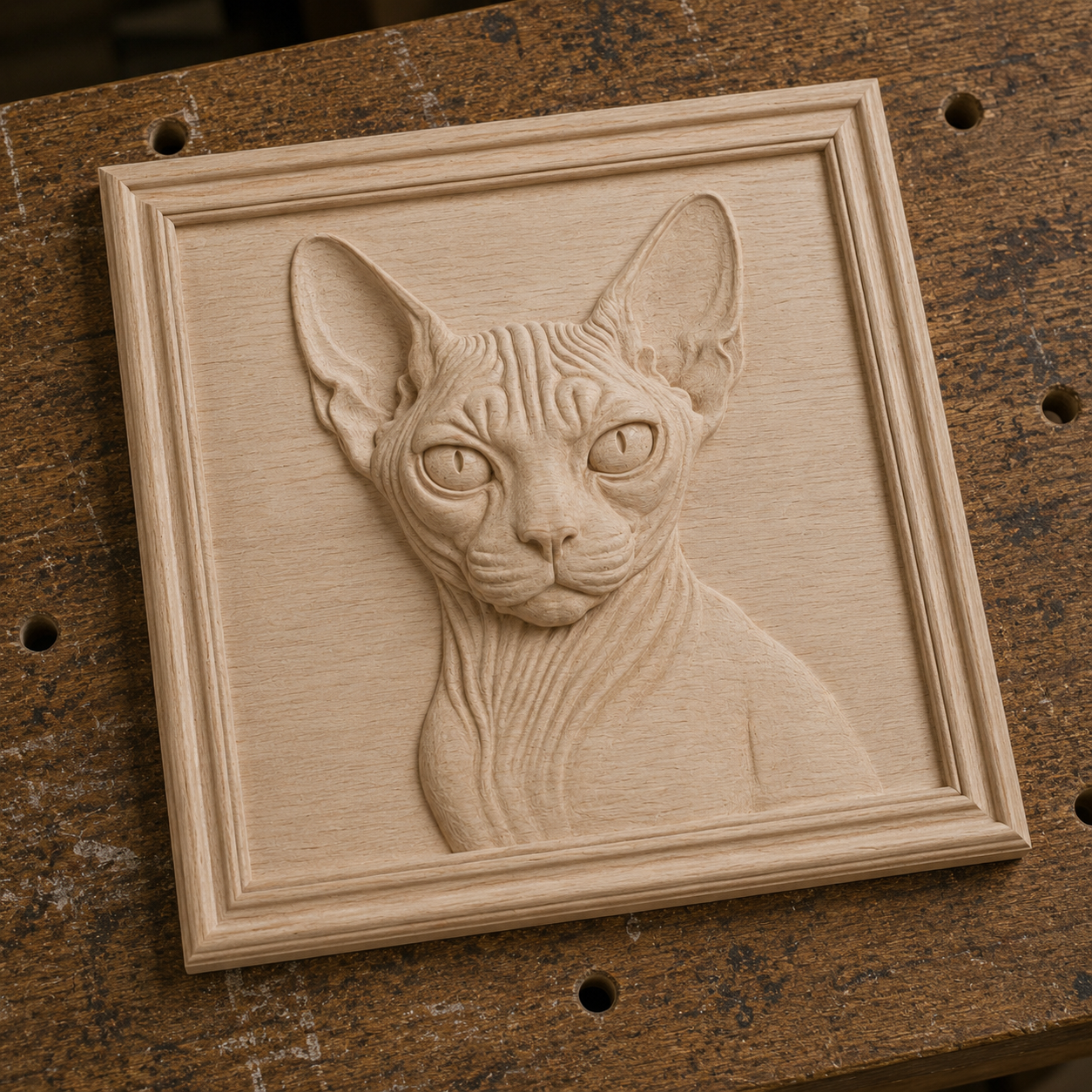 The Sphynx Cat Portrait Relief STL File by Form Arcade is a detailed CNC wall art design featuring a Sphynx cat’s head and chest with large ears, framed in a square border. Perfect for unique décor or as a gift for cat lovers.
