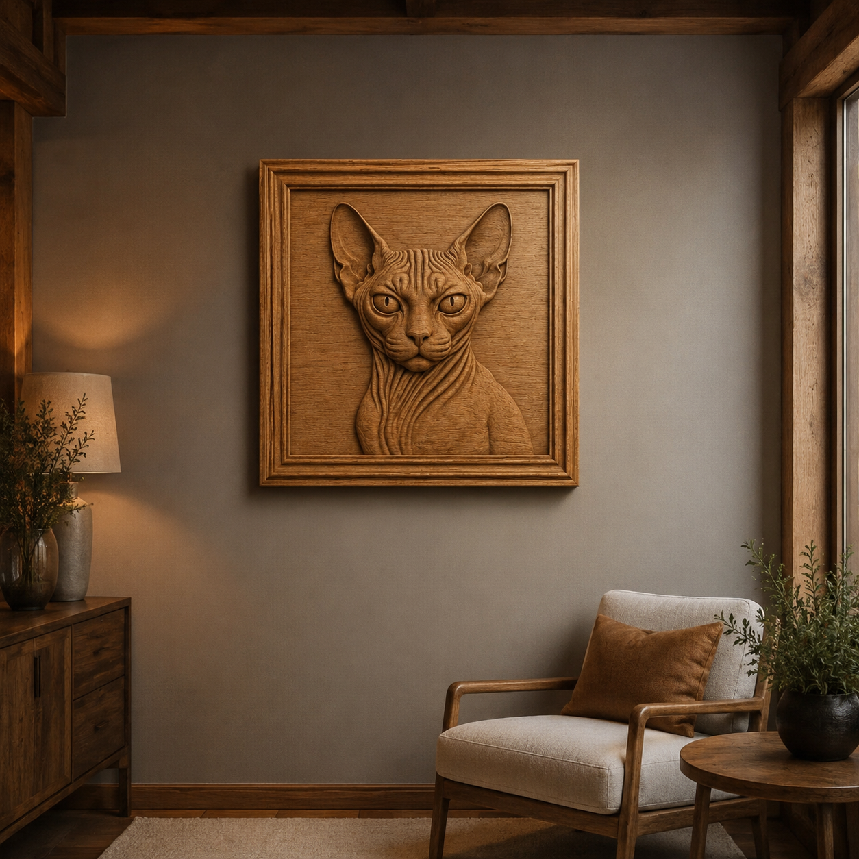 A cozy living room showcases Form Arcade’s Sphynx Cat Portrait Relief STL File | CNC Wall Art above a gray wall, beside a wooden side table with a lamp and plants, next to an armchair with a brown cushion.