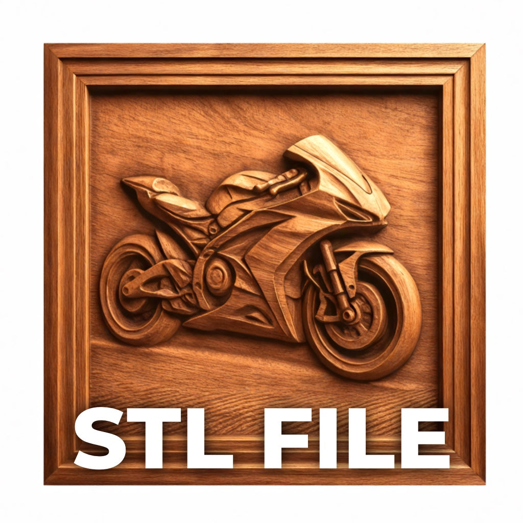 A wooden framed 3D relief carving of a sport motorcycle is displayed, with "Sport Motorcycle CNC Relief STL File | Sport CNC Wall Art" by Form Arcade in bold white text below. Ideal for CNC reliefs or 3D printing projects.