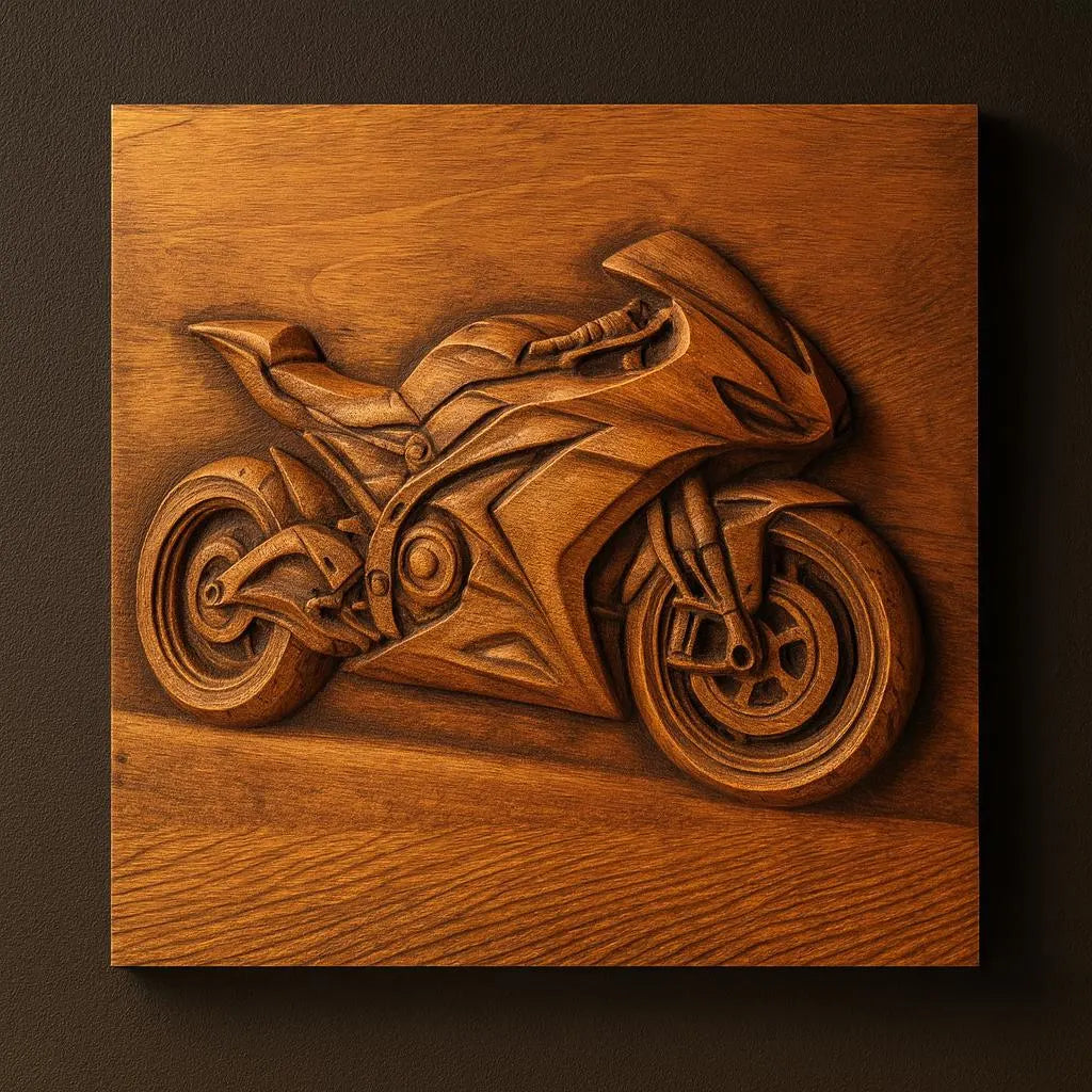 The Sport Motorcycle CNC Relief STL File by Form Arcade is displayed on a square wooden panel against a dark wall, showcasing realistic bike features. This Sport CNC Wall Art is ideal for detailed woodworking projects and creative decor.