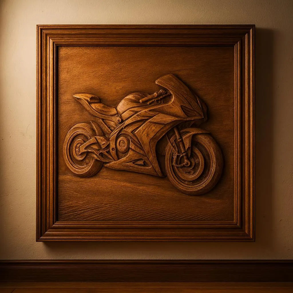 The Sport Motorcycle CNC Relief STL File by Form Arcade is perfect for creating stunning wooden wall art. This detailed design highlights intricate lines and textures, ideal for woodworking and CNC wall art projects.