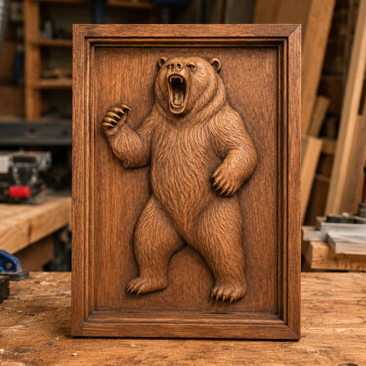 A Standing Bear Relief STL File by Form Arcade, featuring a detailed CNC wildlife wall art design of a roaring bear on its hind legs, displayed upright on a workbench in a woodworking shop.