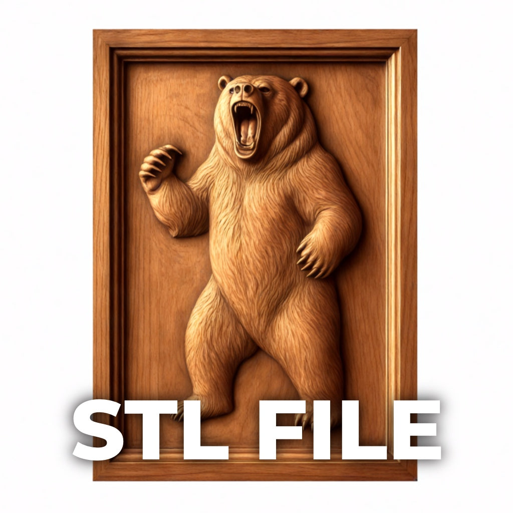Standing Bear Relief STL File | Wildlife CNC Wall Art by Form Arcade—digital bas relief of a roaring bear on hind legs in a rectangular frame, ideal for woodworking or CNC projects.