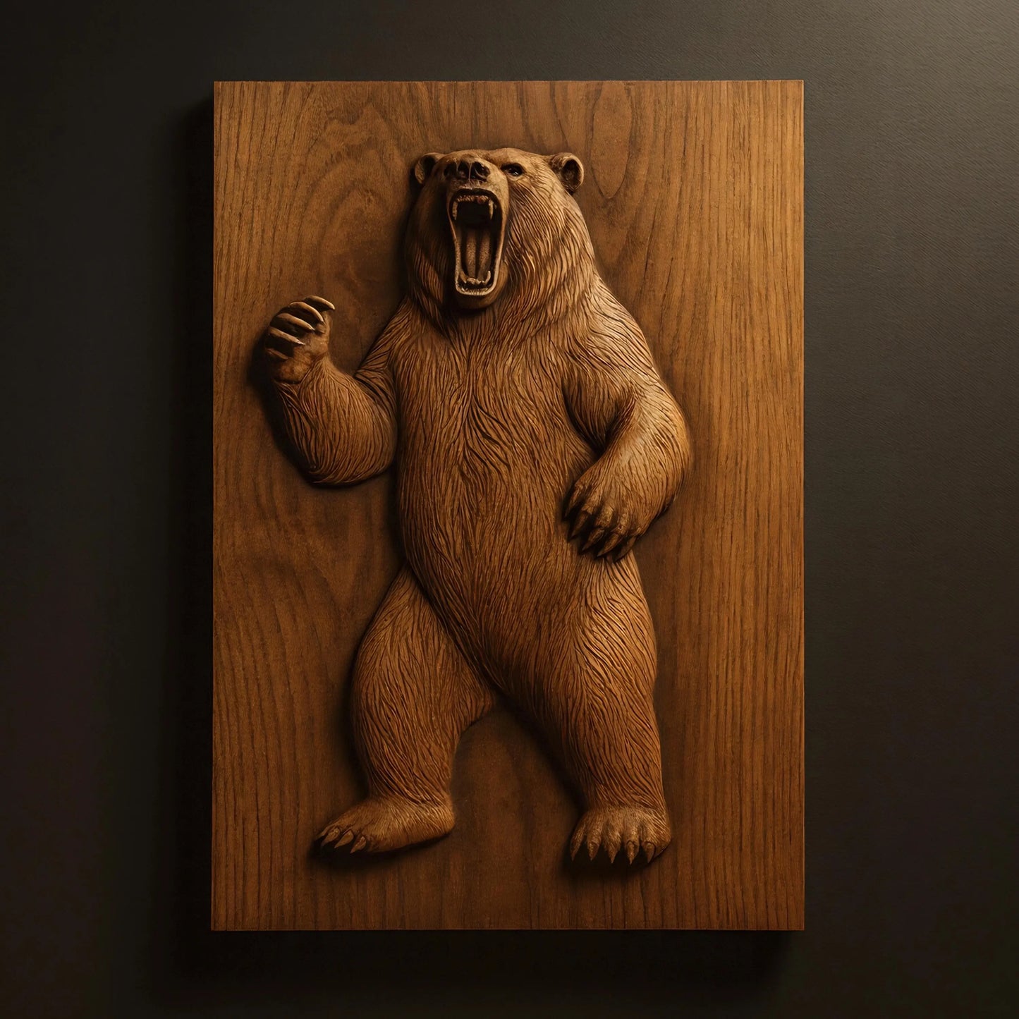 The Standing Bear Relief STL File by Form Arcade is a wildlife CNC wall art design featuring a roaring bear standing upright, expertly relief carved and ideal for mounting on a dark wood panel.