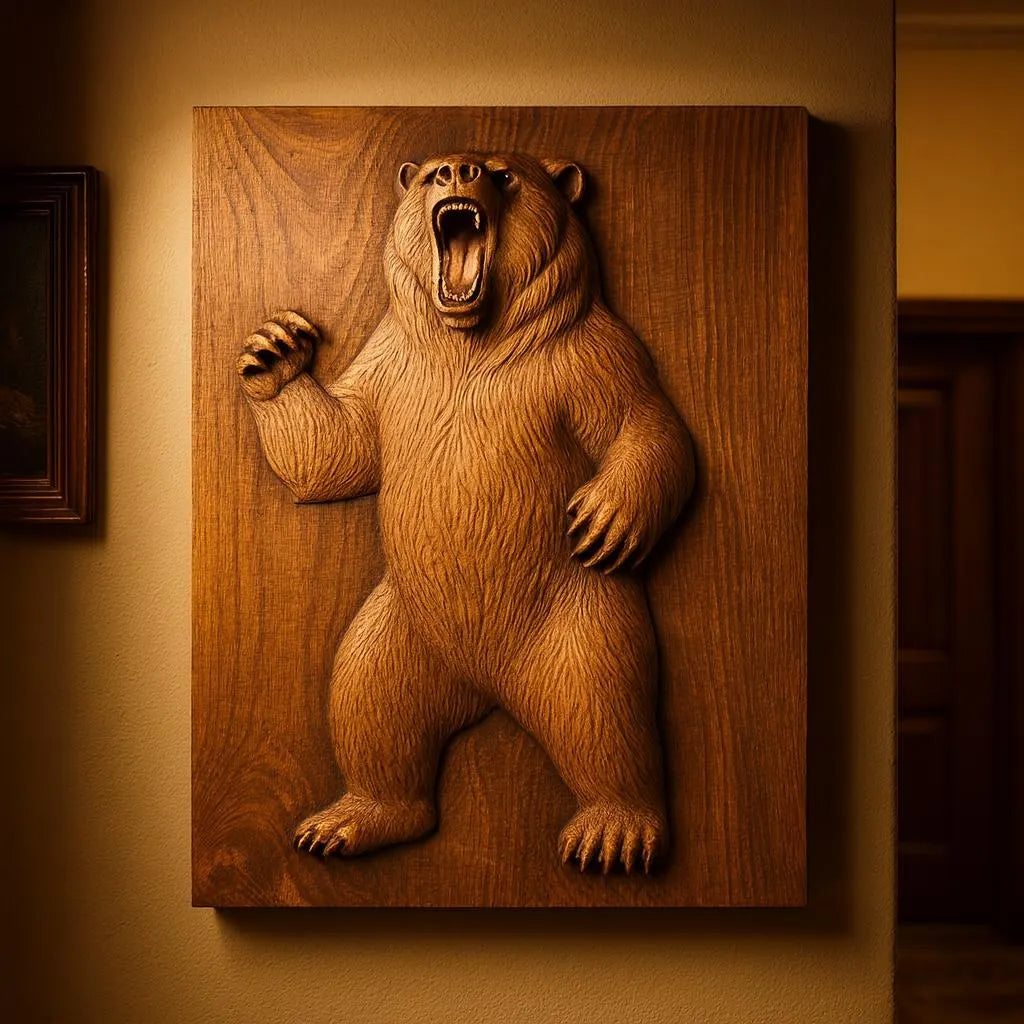The Standing Bear Relief STL File by Form Arcade features a detailed CNC bear carving emerging from a wood panel, perfect as wildlife-inspired wall art for your indoor space.