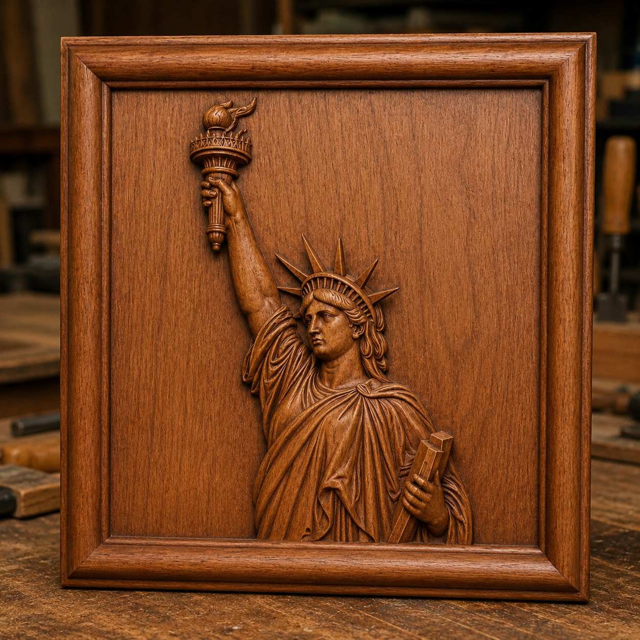 The Statue of Liberty Relief STL File by Form Arcade is a patriotic CNC wall art design featuring the statue with torch and tablet, framed in a square panel—perfect for unique woodworking projects.