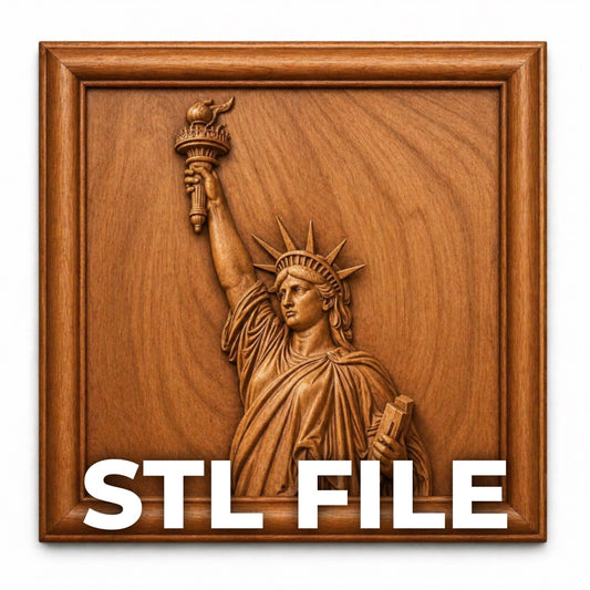 The Form Arcade Statue of Liberty Relief STL File is a patriotic CNC wall art design in a square frame. Bold "STL FILE" text at the bottom makes this bas relief accent perfect for decorating any space.
