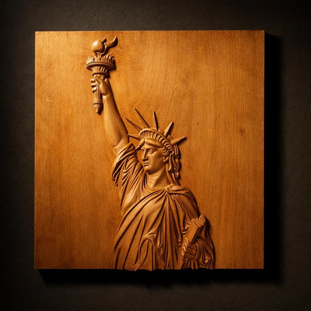 Form Arcade’s Statue of Liberty Relief STL File offers a patriotic CNC wall art design featuring detailed bas relief carving, perfect for creating striking decor with a dark background.