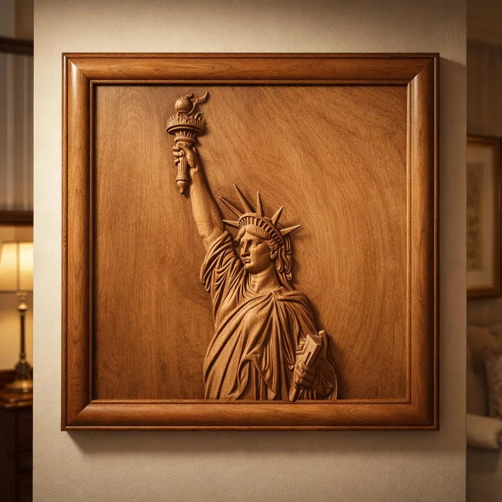 The Statue of Liberty Relief STL File by Form Arcade is patriotic CNC wall art, featuring fine details and craftsmanship, designed for elegant décor as a decorative piece.