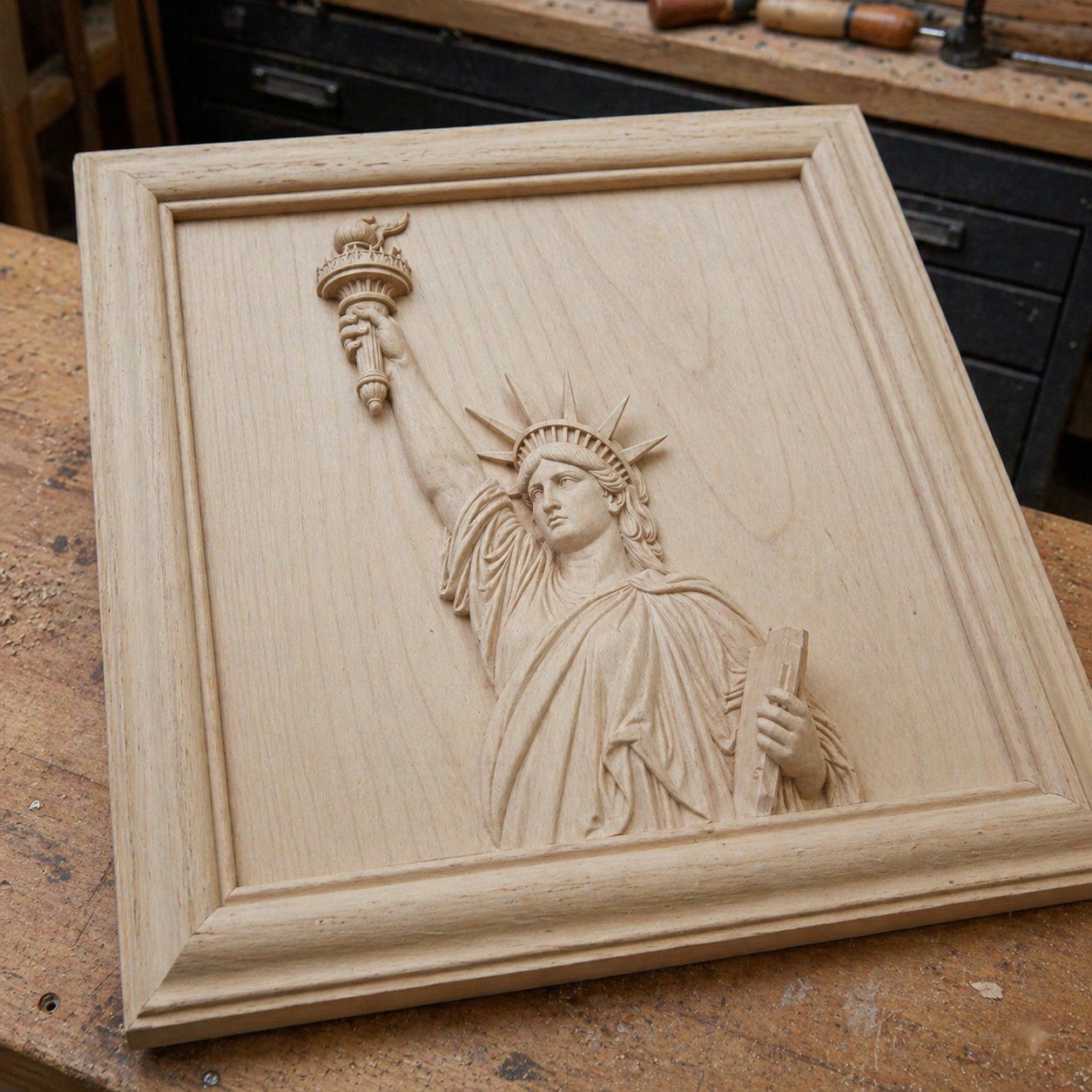 The Statue of Liberty Relief STL File by Form Arcade, a patriotic CNC wall art design, displayed on a workbench in a woodworking shop with tools in the background.