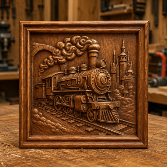 A finely detailed relief, titled "Steam Train Locomotive Relief STL File | CNC Wall Art" by Form Arcade, features a steam locomotive chugging past tall buildings, with billowing smoke above the tracks. Crafted using advanced CNC relief carving techniques, this woodworking wall art is elegantly framed and displayed on a wooden workbench in a workshop setting.