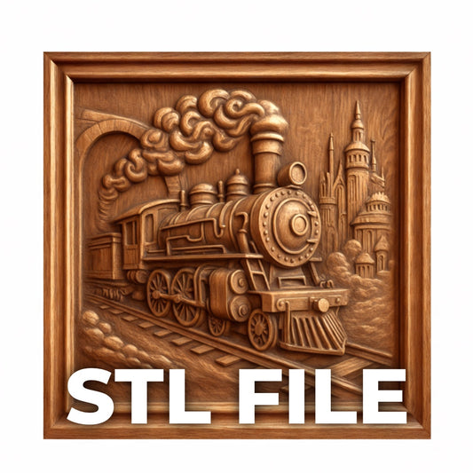 The Steam Train Locomotive Relief STL File by Form Arcade features a bas relief of a steam train on tracks with smoke and a castle backdrop, labeled "STL FILE" at the bottom—perfect CNC wall art for carving projects.