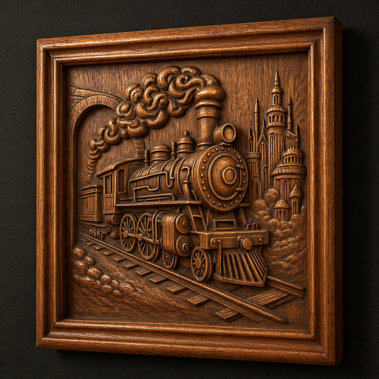 The Steam Train Locomotive Relief STL File by Form Arcade features a CNC-carved train on tracks with smoke and a castle in the background, framed in wood—ideal for unique wall art or bas relief CNC projects.