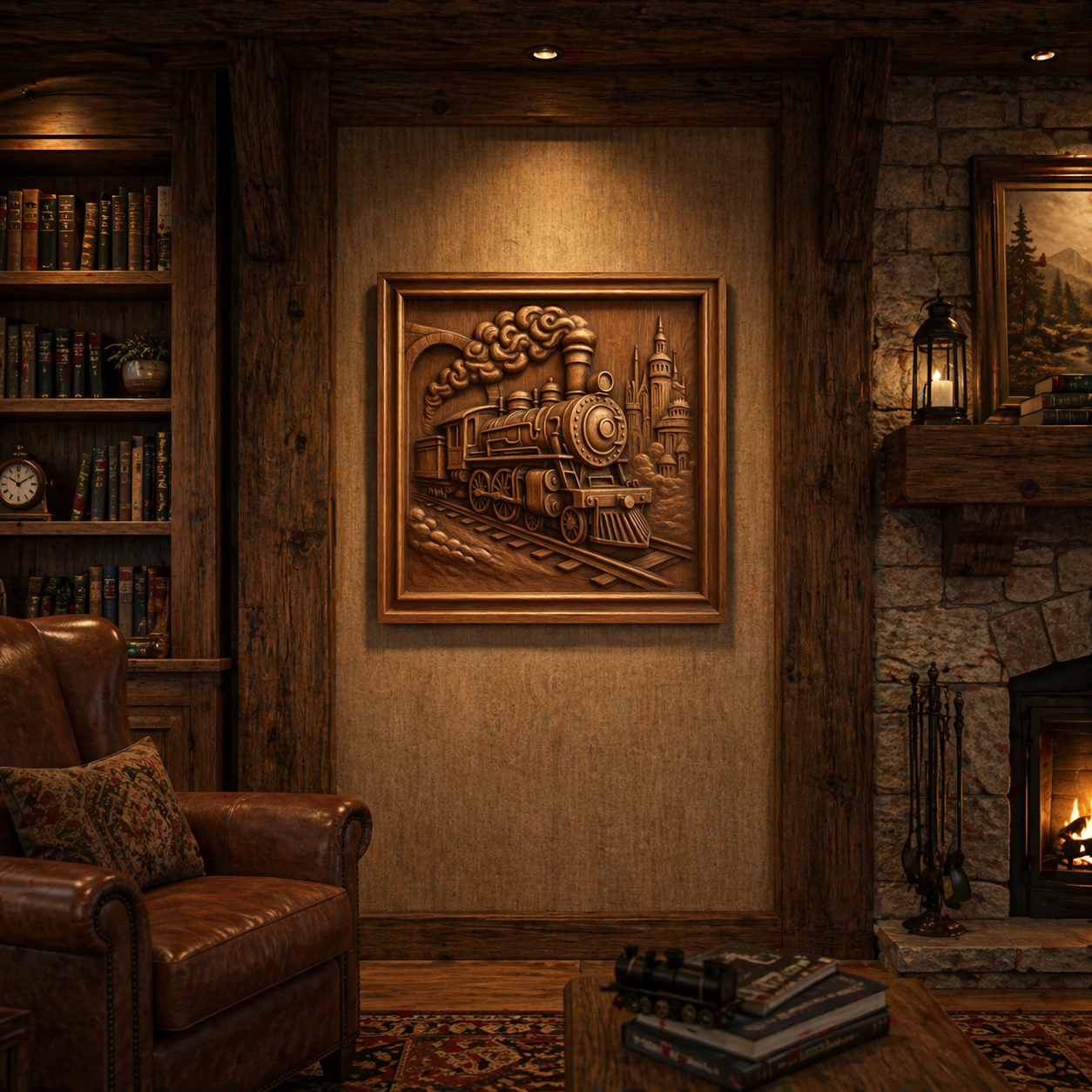 A cozy, rustic living room with a leather armchair, wooden bookshelves, a stone fireplace, and the Steam Train Locomotive Relief STL File CNC wall art by Form Arcade warmly lit on the wall.