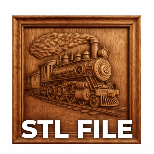 Steam Train Relief STL File by Form Arcade features a wooden 3D steam locomotive carving in a frame, ideal for CNC carving or 3D printing, with “STL FILE” in bold white letters at the bottom.