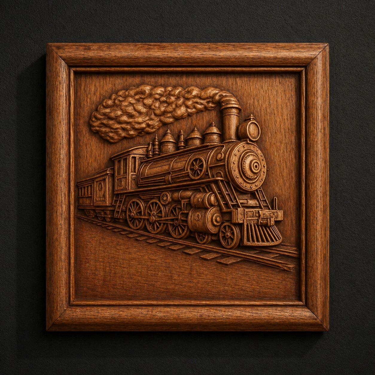 The Steam Train Relief STL File by Form Arcade is a detailed wooden locomotive and train wall art, designed for CNC carving or 3D printing, displayed in a square frame against a dark background.