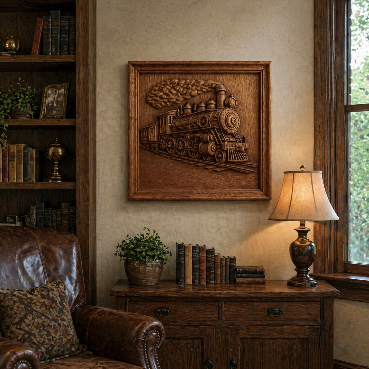 A cozy study with a leather armchair, bookshelves, plants, and Form Arcade’s Steam Train Relief STL File | Train CNC Wall Art framed on the wall—ideal for 3D printing or CNC carving. Sunlight shines through the window.