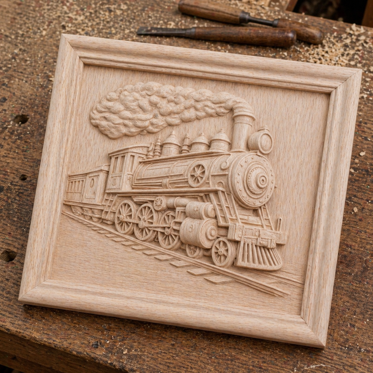 The Steam Train Relief STL File by Form Arcade features a detailed steam locomotive carving, perfect for CNC wall art or 3D printing steam train reliefs. Ideal for makers seeking unique train designs.