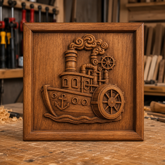 Introducing the Steamboat Riverboat CNC Relief STL File by Form Arcade—a detailed, nautical wall art design featuring intricate smokestacks and a paddlewheel. Perfect for displaying upright in your woodworking shop or home, this digital file lets you create expert-quality relief carvings that showcase exceptional craftsmanship.