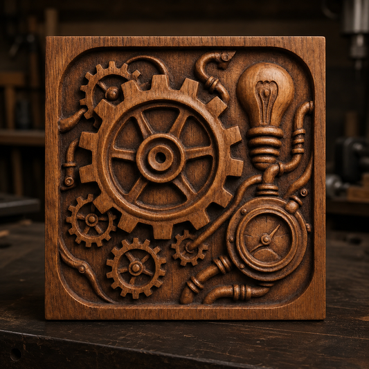 A Steampunk Gear Machine Relief STL File by Form Arcade, featuring an intricately carved wooden panel with gears, pipes, a pressure gauge, and a light bulb in an industrial steampunk style. This CNC wall art design is displayed on a workbench.