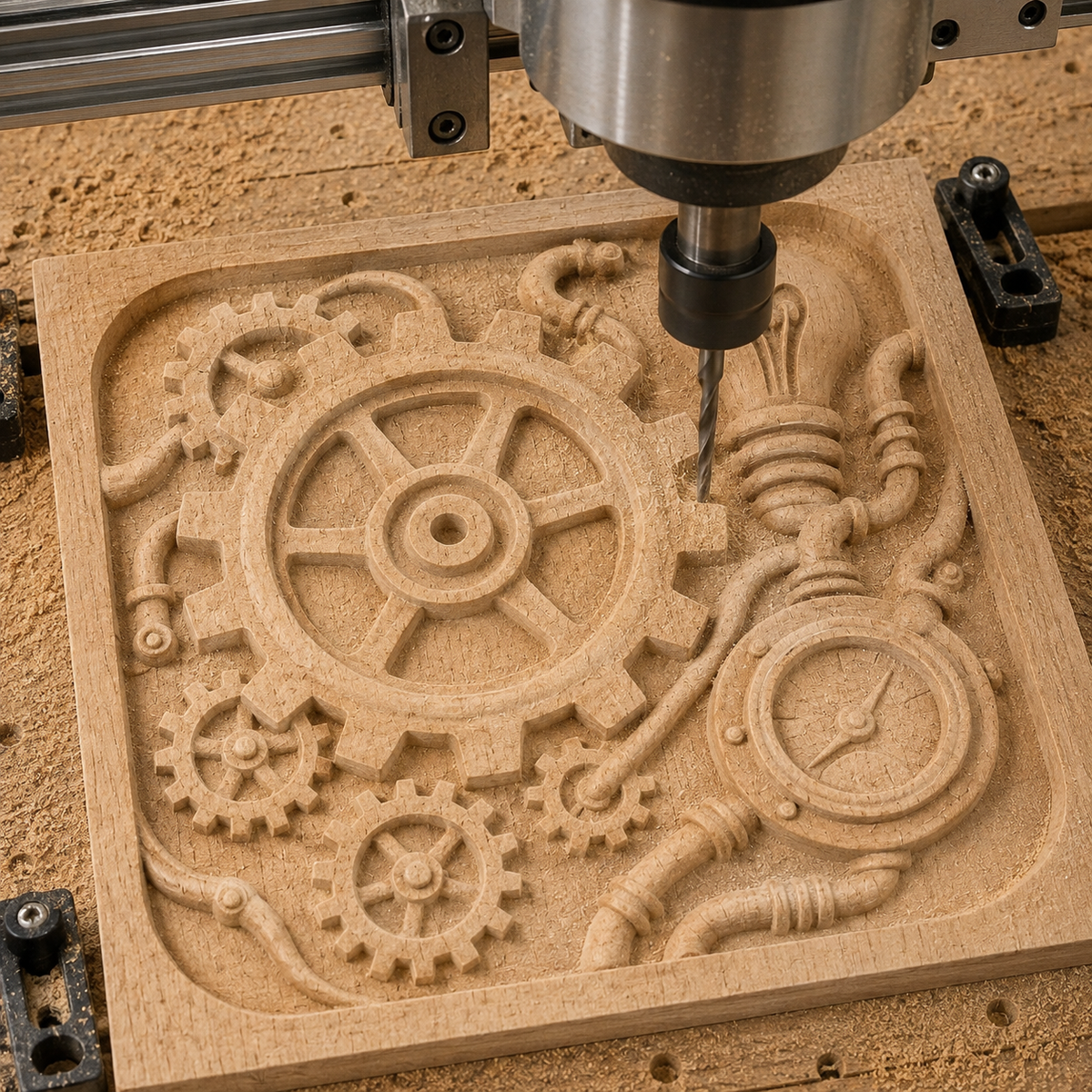 A CNC machine carves a wooden panel using the “Steampunk Gear Machine Relief STL File | Industrial CNC Wall Art” from Form Arcade, featuring an intricate design of gears, pipes, and a gauge for a highly detailed mechanical CNC relief carving.
