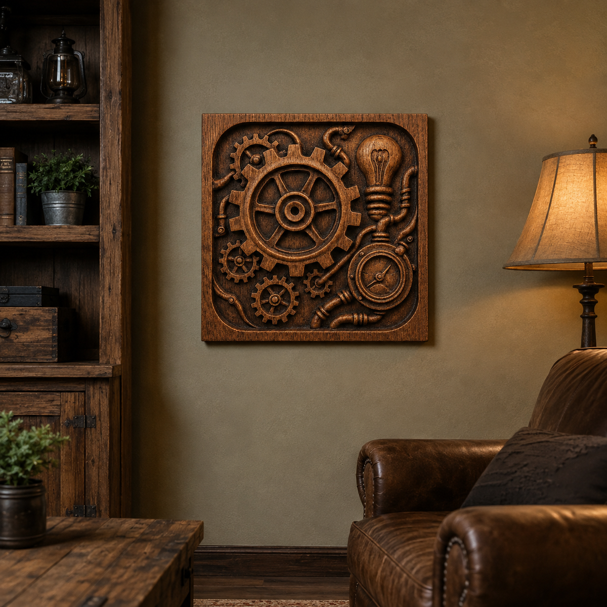 Add an industrial flair to your décor with the Steampunk Gear Machine Relief STL File by Form Arcade—a striking piece of CNC wall art featuring intricate gears, pipes, and a lightbulb. Shown in a rustic living room alongside a leather chair, wooden bookshelf, and warm lamp lighting, this unique design is ideal for CNC relief carving enthusiasts looking to elevate their space with steampunk style.