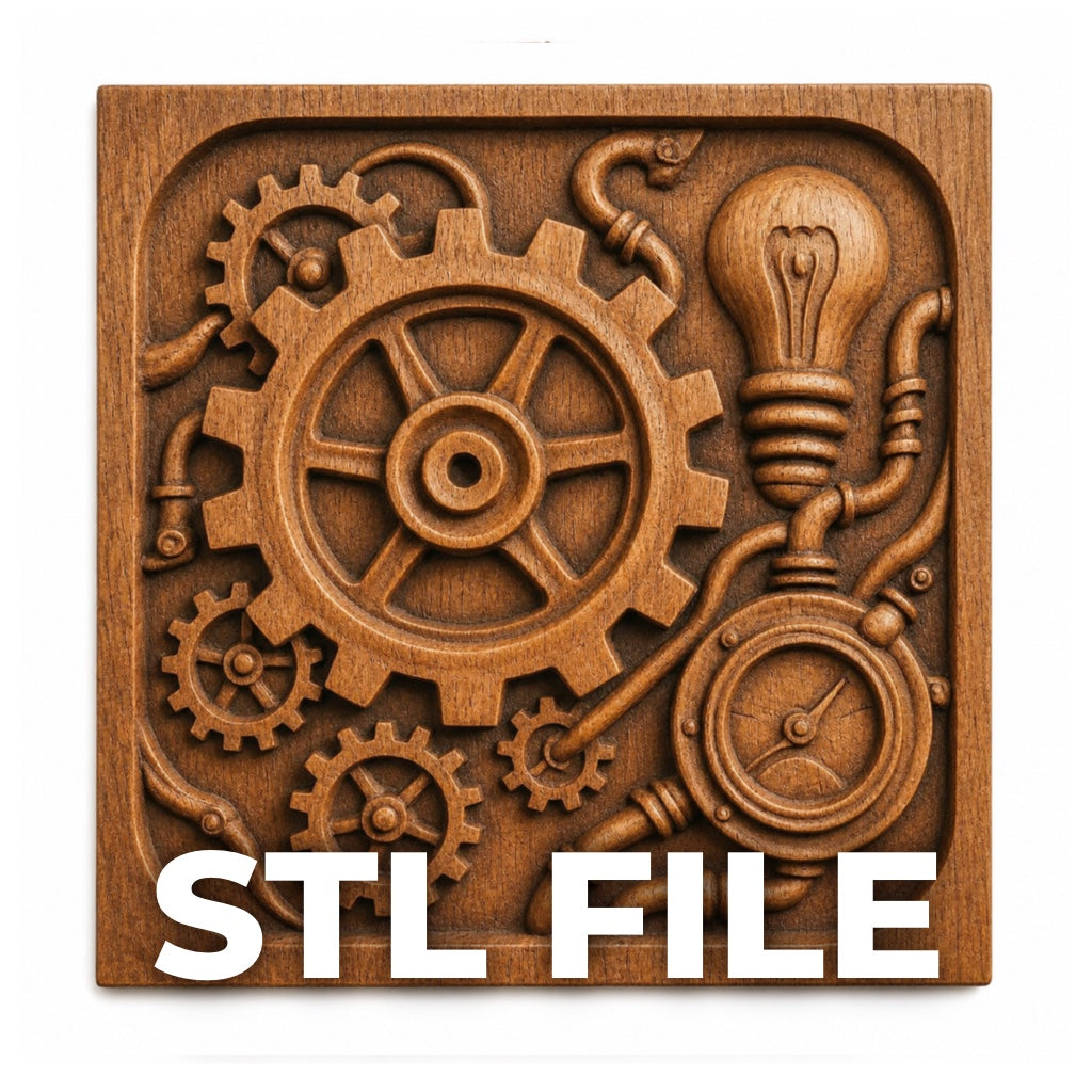 The Steampunk Gear Machine Relief STL File by Form Arcade is an industrial wall art design with gears, pipes, a lightbulb, and gauge—perfect for CNC carving or 3D printing. Bold white “STL FILE” text at the bottom.
