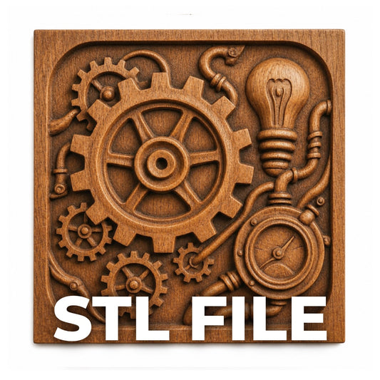The Steampunk Gear Machine Relief STL File by Form Arcade is an industrial wall art design with gears, pipes, a lightbulb, and gauge—perfect for CNC carving or 3D printing. Bold white “STL FILE” text at the bottom.