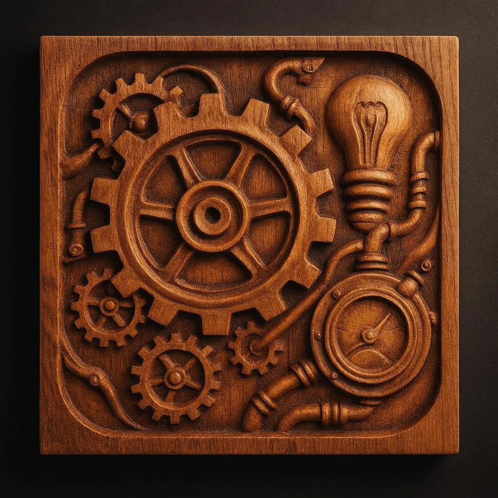 The Steampunk Gear Machine Relief STL File by Form Arcade features interlocking gears, a light bulb, pipes, and a gauge in a square frame—ideal for industrial CNC wall art or 3D printing with a steampunk flair.