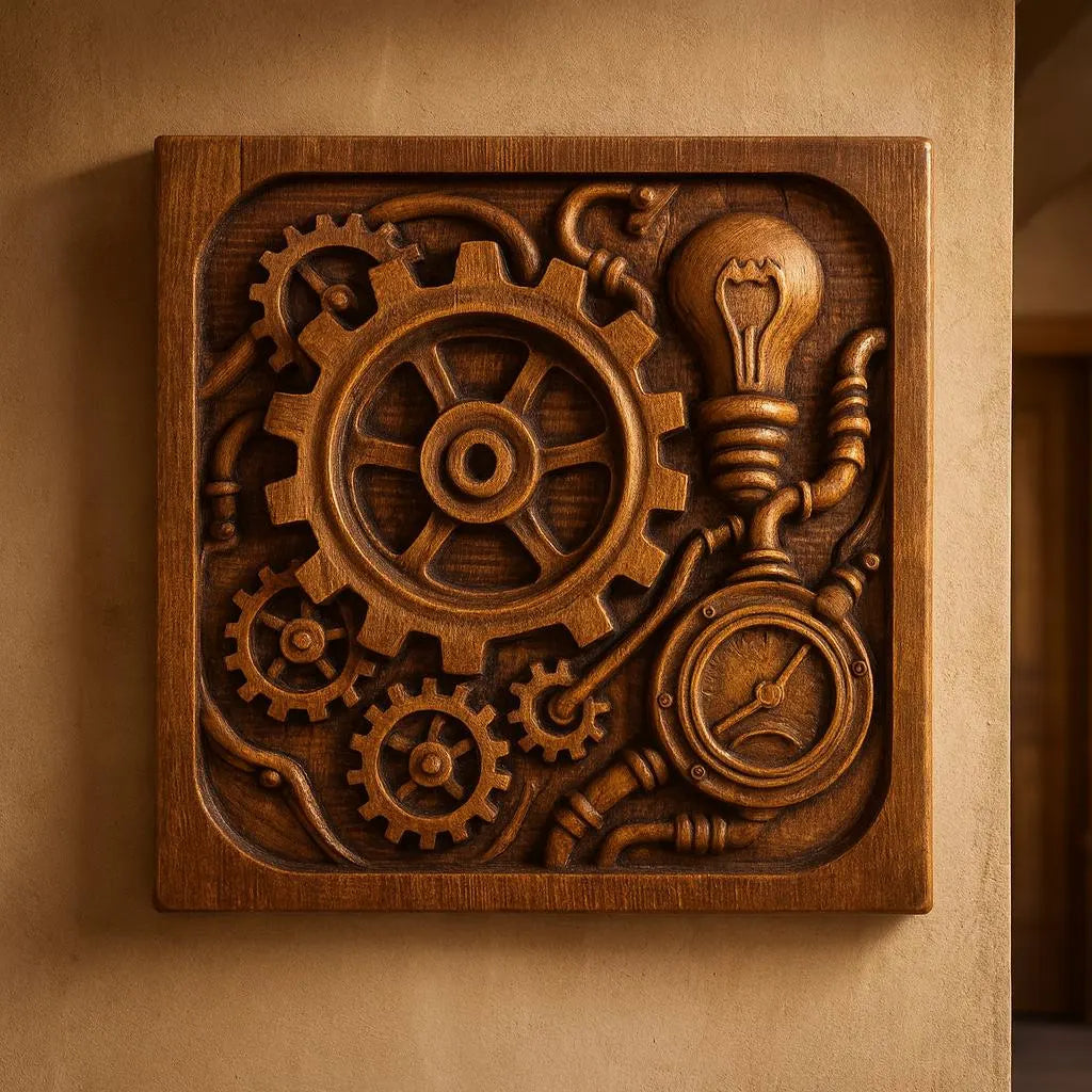 The Steampunk Gear Machine Relief STL File by Form Arcade features carved gears, cogs, pipes, and a light bulb in an industrial steampunk style—ideal CNC wall art for fans seeking unique Form Arcade designs.