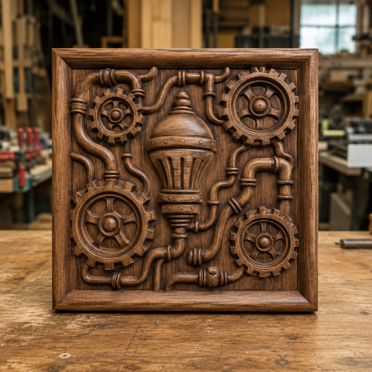 Displayed on a workbench in a workshop setting, the Steampunk Gear Mechanism CNC Relief by Form Arcade features a wooden panel intricately carved with gears, pipes, and a central lightbulb. This Mechanical CNC Wall Art showcases detailed relief work inspired by steampunk aesthetics, and highlights the creativity achievable with Form Arcade’s Steampunk Gear Mechanism STL designs.