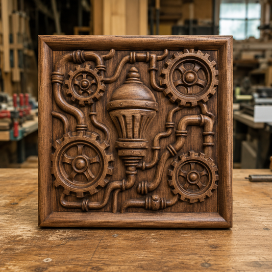 Displayed on a workbench in a workshop setting, the Steampunk Gear Mechanism CNC Relief by Form Arcade features a wooden panel intricately carved with gears, pipes, and a central lightbulb. This Mechanical CNC Wall Art showcases detailed relief work inspired by steampunk aesthetics, and highlights the creativity achievable with Form Arcade’s Steampunk Gear Mechanism STL designs.