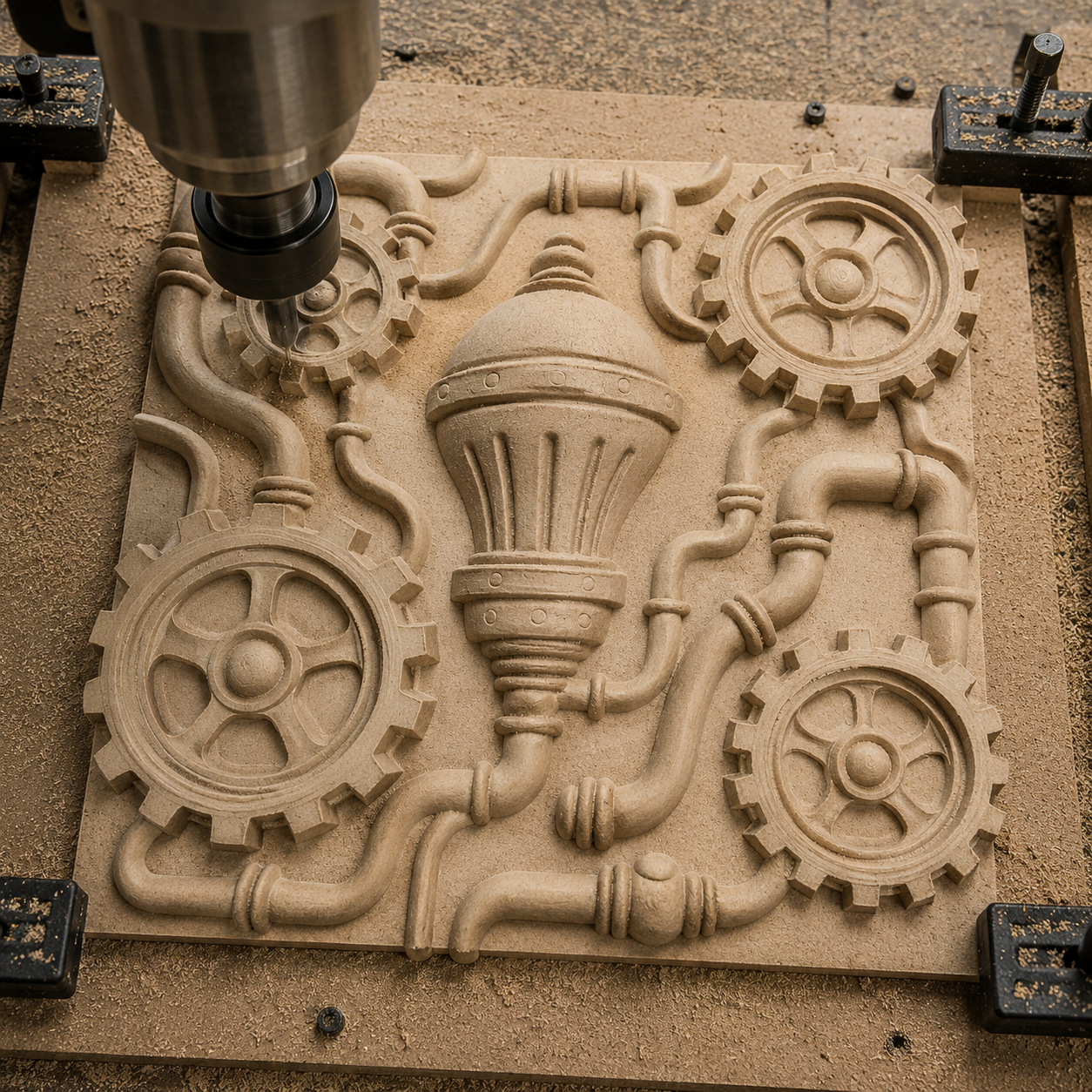 A CNC machine utilizes the "Steampunk Gear Mechanism CNC Relief STL File | Mechanical CNC Wall Art" by Form Arcade to carve a striking steampunk-inspired design—with gears, pipes, and an ornate central motif—into a square wooden board, wood shavings scattered around, creating an eye-catching scene perfect for woodworking projects.