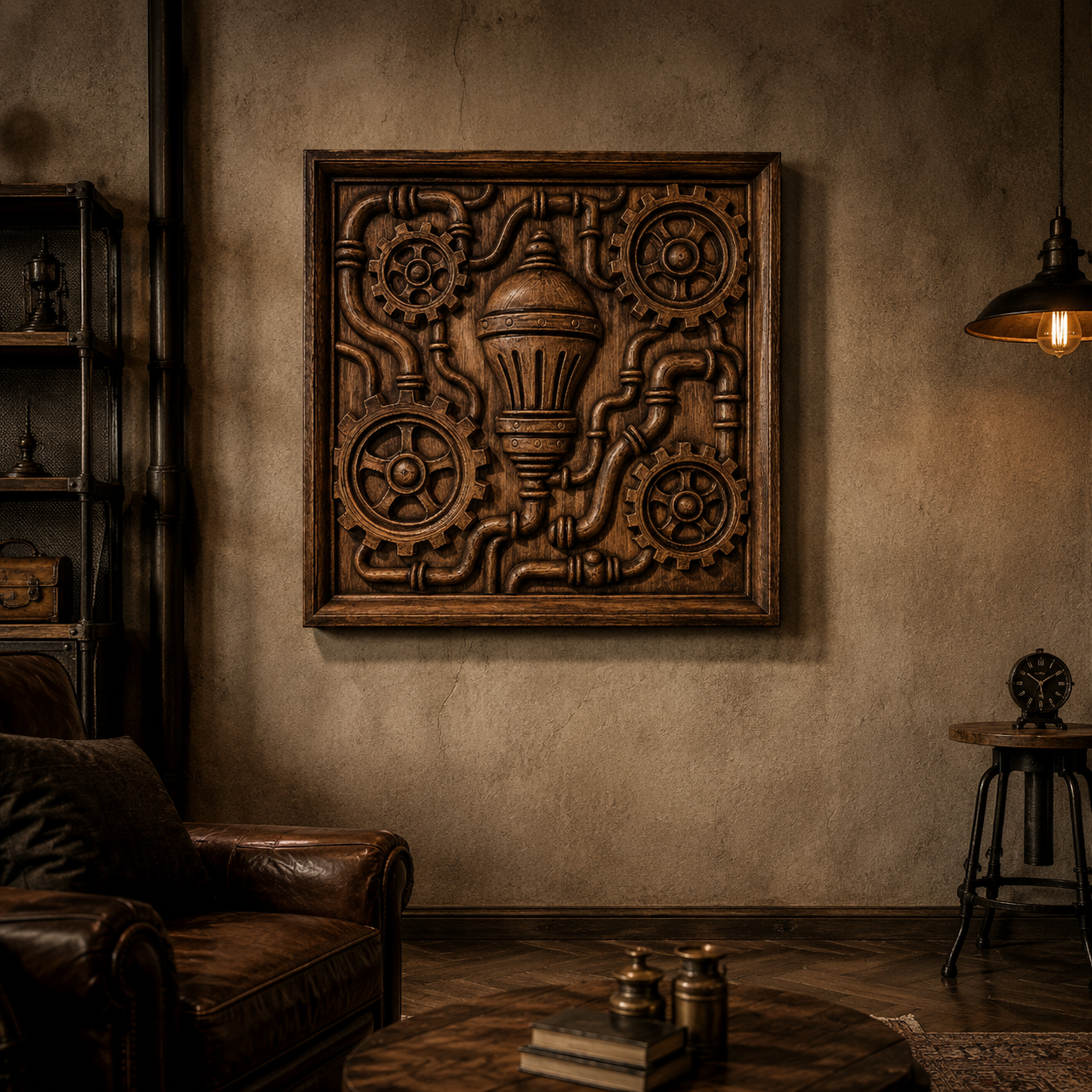 A vintage, dimly lit living room features a beige wall adorned with a framed artwork inspired by the "Steampunk Gear Mechanism CNC Relief STL File | Mechanical CNC Wall Art" from Form Arcade, showcasing gears, pipes, and a central lightbulb in true steampunk style.