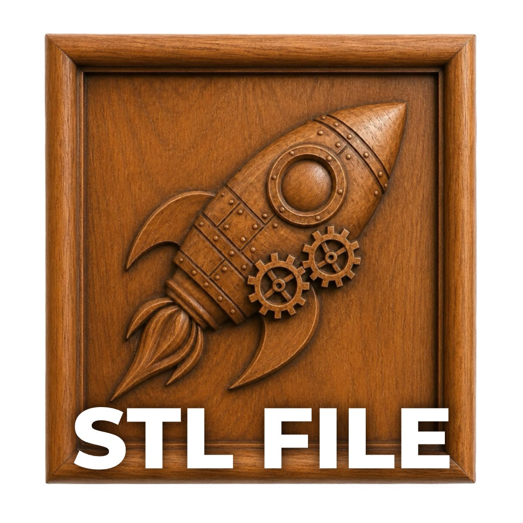 The Steampunk Ship Relief STL File by Form Arcade features a carved rocket ship and gears with "STL FILE" in bold, perfect for CNC wall art and woodworking projects.