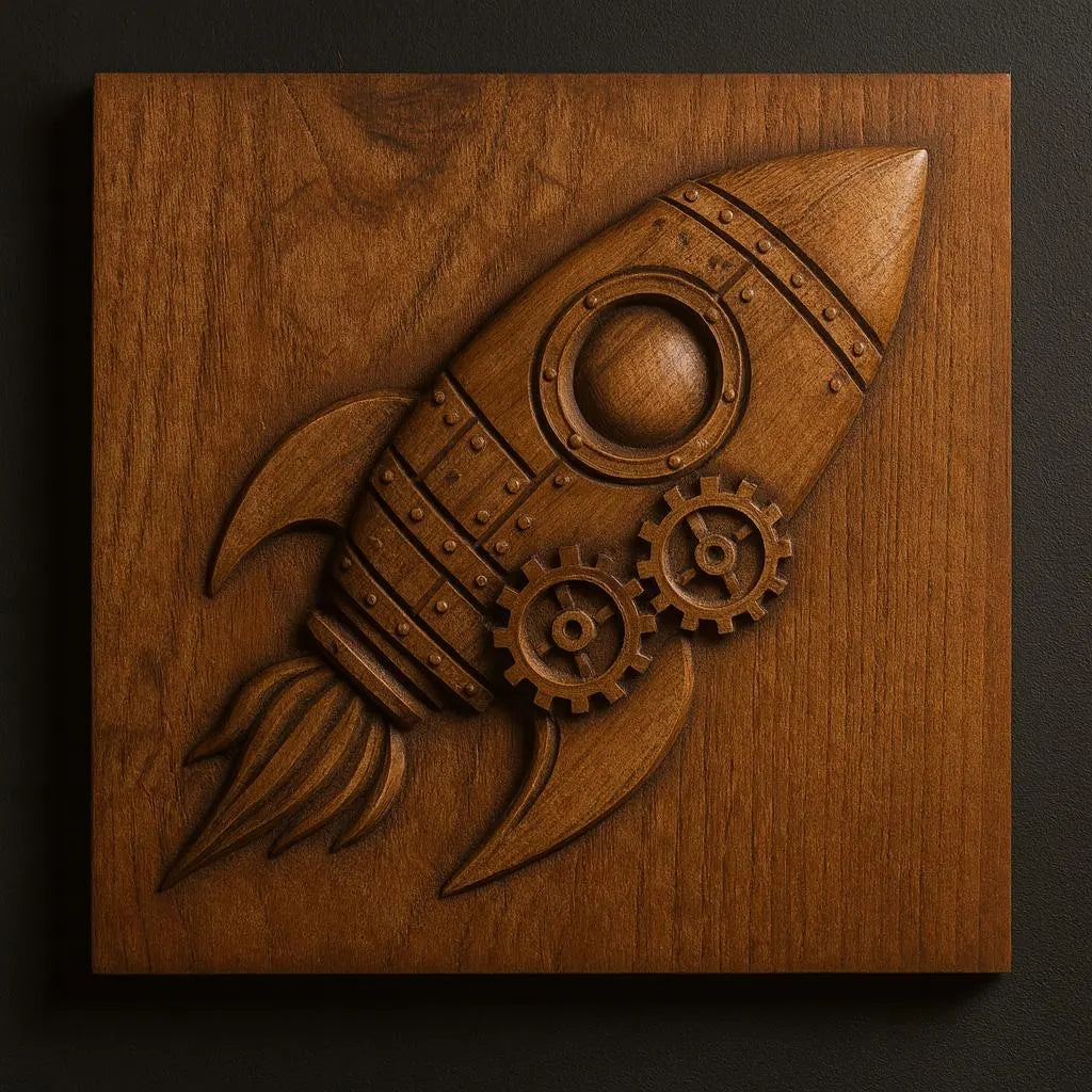 The Steampunk Ship Relief STL File by Form Arcade features a stylized rocket with gears and a round window on a smooth background—ideal CNC wall art for unique space-themed woodworking projects.