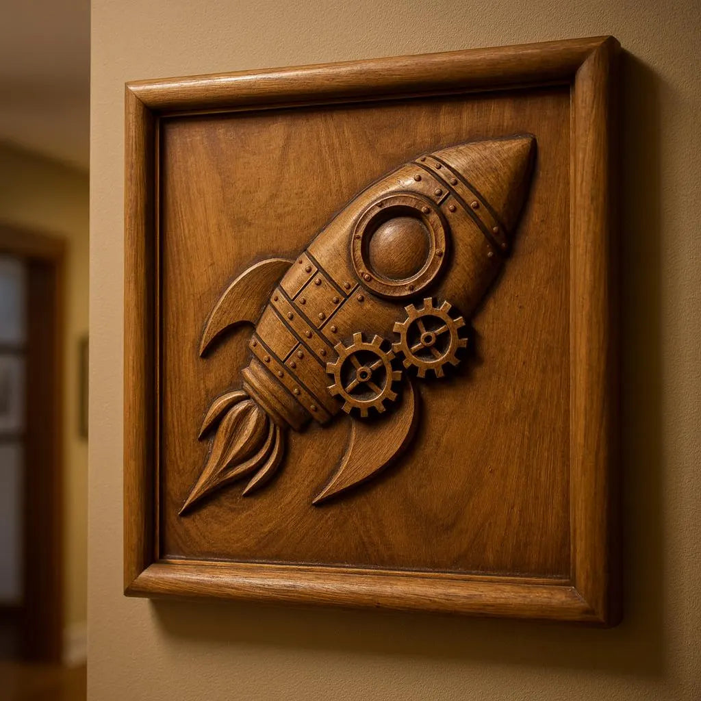 The Steampunk Ship Relief STL File by Form Arcade features a CNC wall art design of a steampunk rocket with gears—perfect for inspiring woodworking or CNC projects in your space.