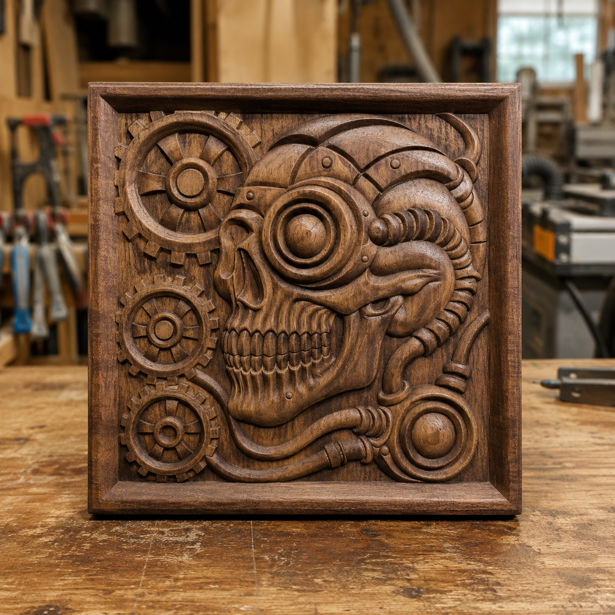 A Steampunk Skull CNC Relief STL File by Form Arcade—a mechanical wall art design featuring a wooden skull carving with intricate gears and pipes blending steampunk and sci-fi styles—is displayed on a workbench, serving as inspiration for woodworking enthusiasts and anyone interested in creating their own CNC or 3D relief projects.