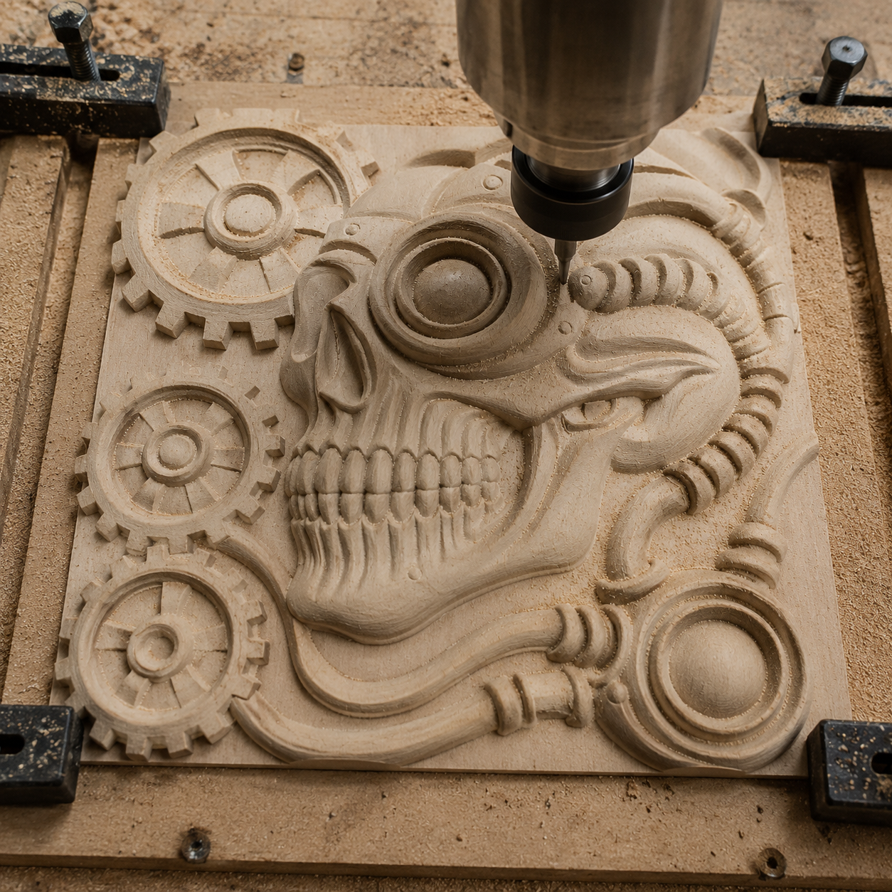 A Form Arcade CNC machine carves a wooden panel with the detailed Steampunk Skull CNC Relief STL File | Mechanical CNC Wall Art, surrounded by wood shavings, highlighting the intricate relief carving perfect for woodworking projects.