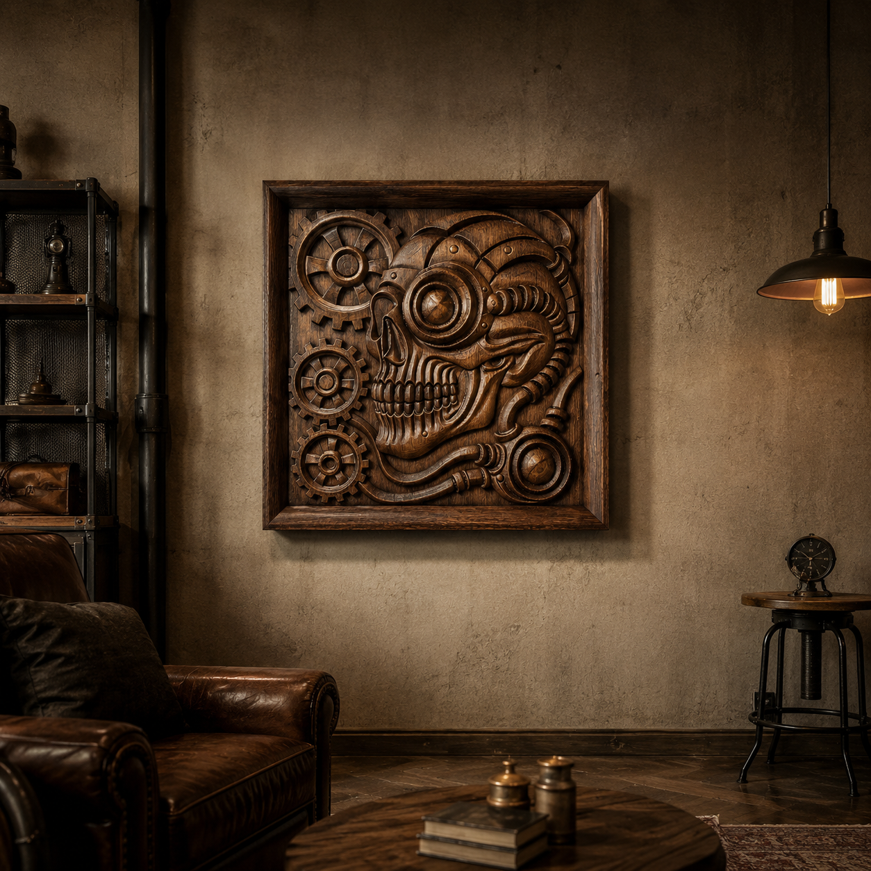The Steampunk Skull CNC Relief STL File by Form Arcade—a mechanical-themed CNC wall art piece—is displayed on a textured wall in a cozy, vintage-style living room with leather furniture and warm lighting.