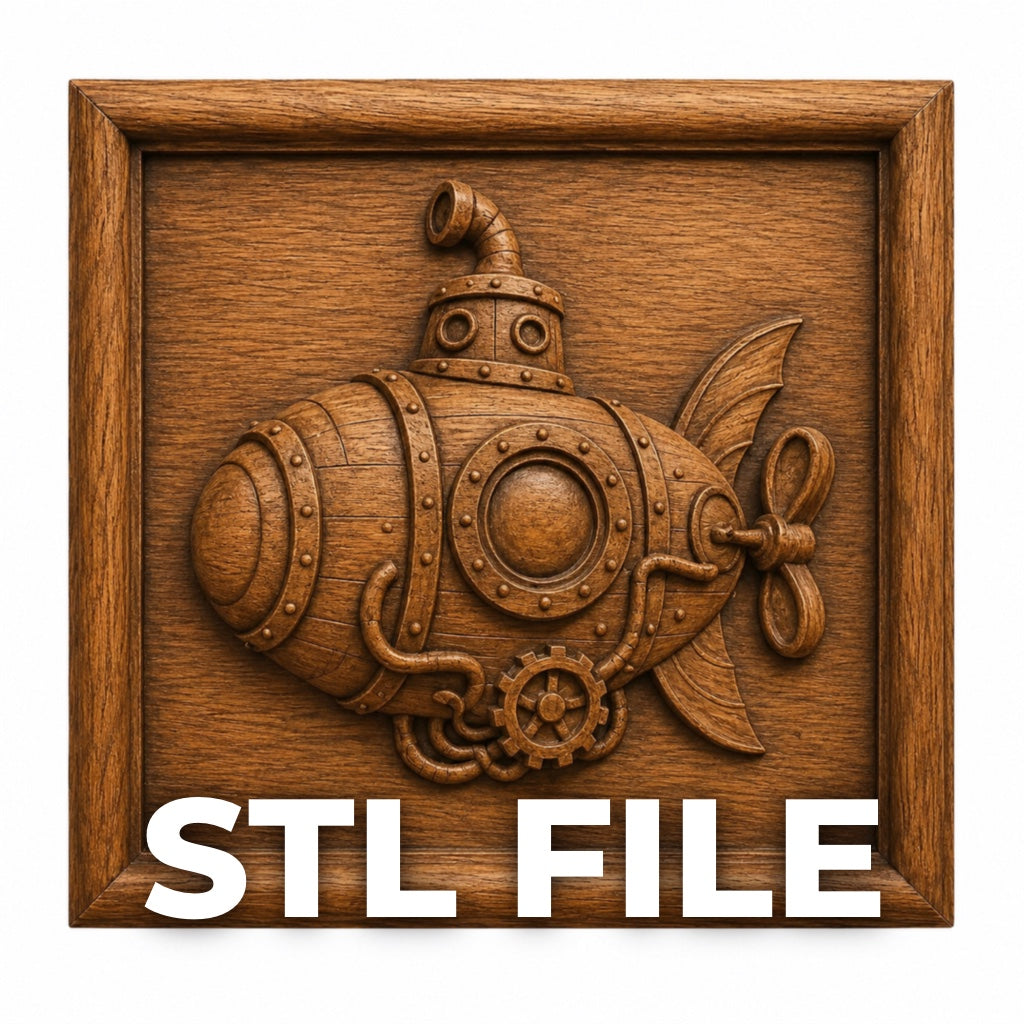 The Steampunk Submarine Relief STL File by Form Arcade showcases gears and rivets, ideal for CNC wall art or woodworking. "STL FILE" appears in bold white letters at the image's bottom.